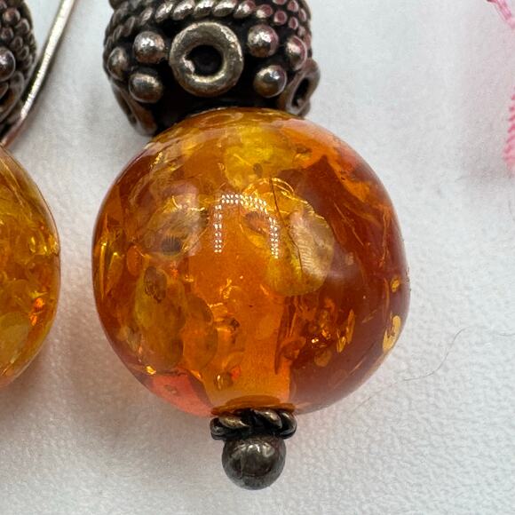 Bali Style Amber Chunk & Silver Bali Style Bead Dangle Earrings Acid UV Tested - Picture 3 of 12